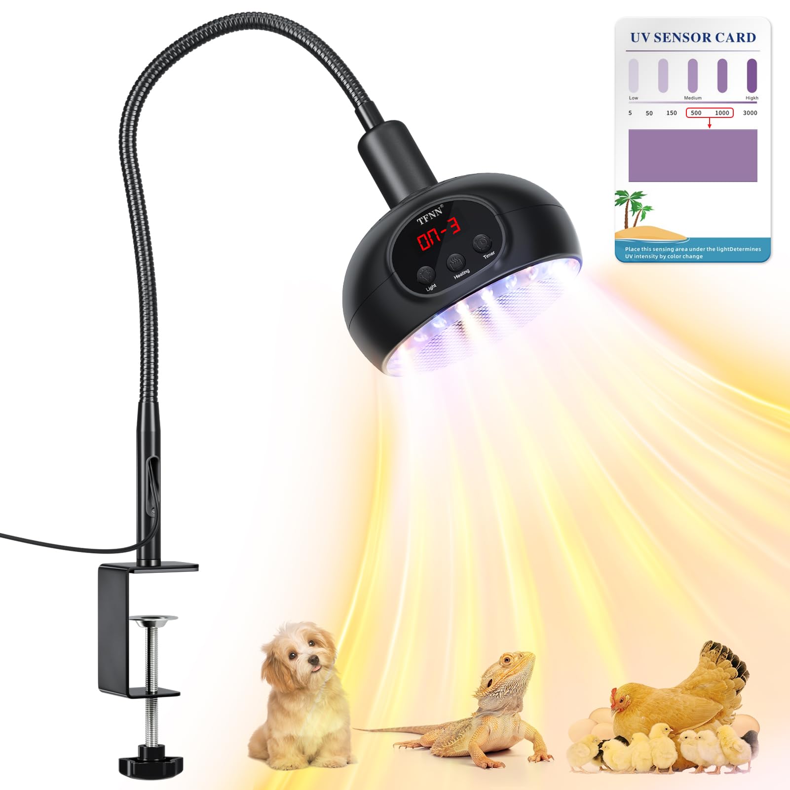 Heat Lamp for Chickens with Holder，200W-350W-500W Reptile Heating Lamp with UVA UVB Ligh 3-6-9-12H Timer, Protable Greenhouse Heater for Outdoor Chicken Coop Indoor Reptile Rabbits Dog Cats