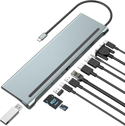 Estación de acoplamiento USB C, base USB C, adaptador USB tipo C a DP HDMI VGA, concentrador USB C 12 en 1, estación de acoplamiento para portátil