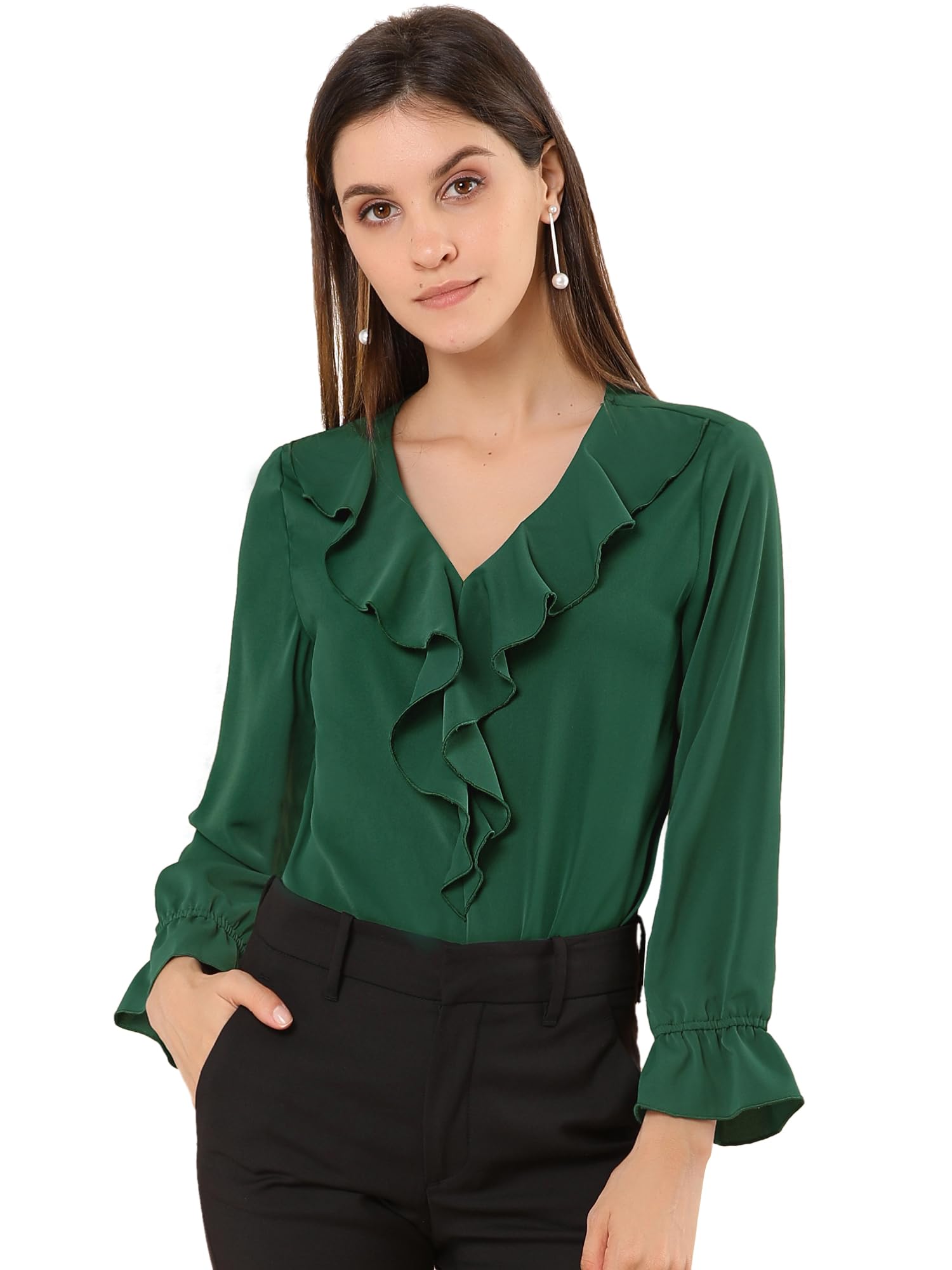 Allegra K Blusa de Gasa con Cuello en V con Volantes para Mujer, Manga de Pulsera, Blusa Campesina Vintage