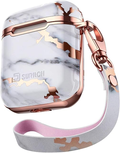 SURITCH Case for AirPods 1&2 Skin Cover Portable Shockproof Cute Stylish Protective Case Cover for Apple AirPods with Clip Lanyard Supports Wired & Wireless Charging -Marble