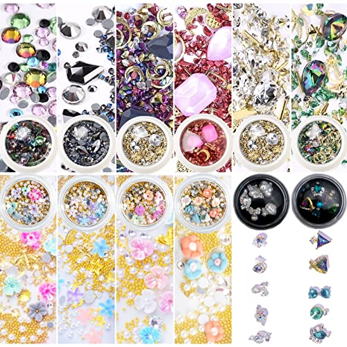 Umillars 12 Boxes Mixed Element Nail Art Rhinestones Decorations Set,3D Nail Studs Crystals Gems DIY Design Manicure Diamonds Jewels Accessories