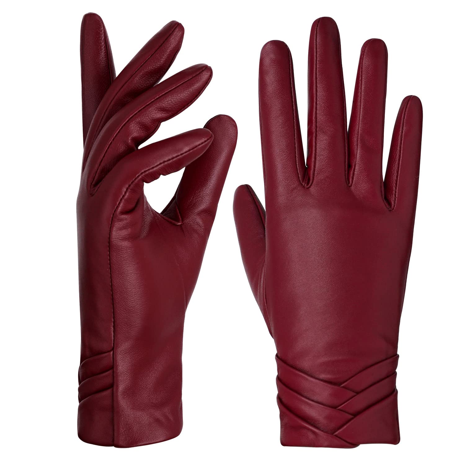 (Size S) GSG Womens Leather Gloves Driving Touchscreen Warm Nappa Texting Winter Wool Knitted Liner