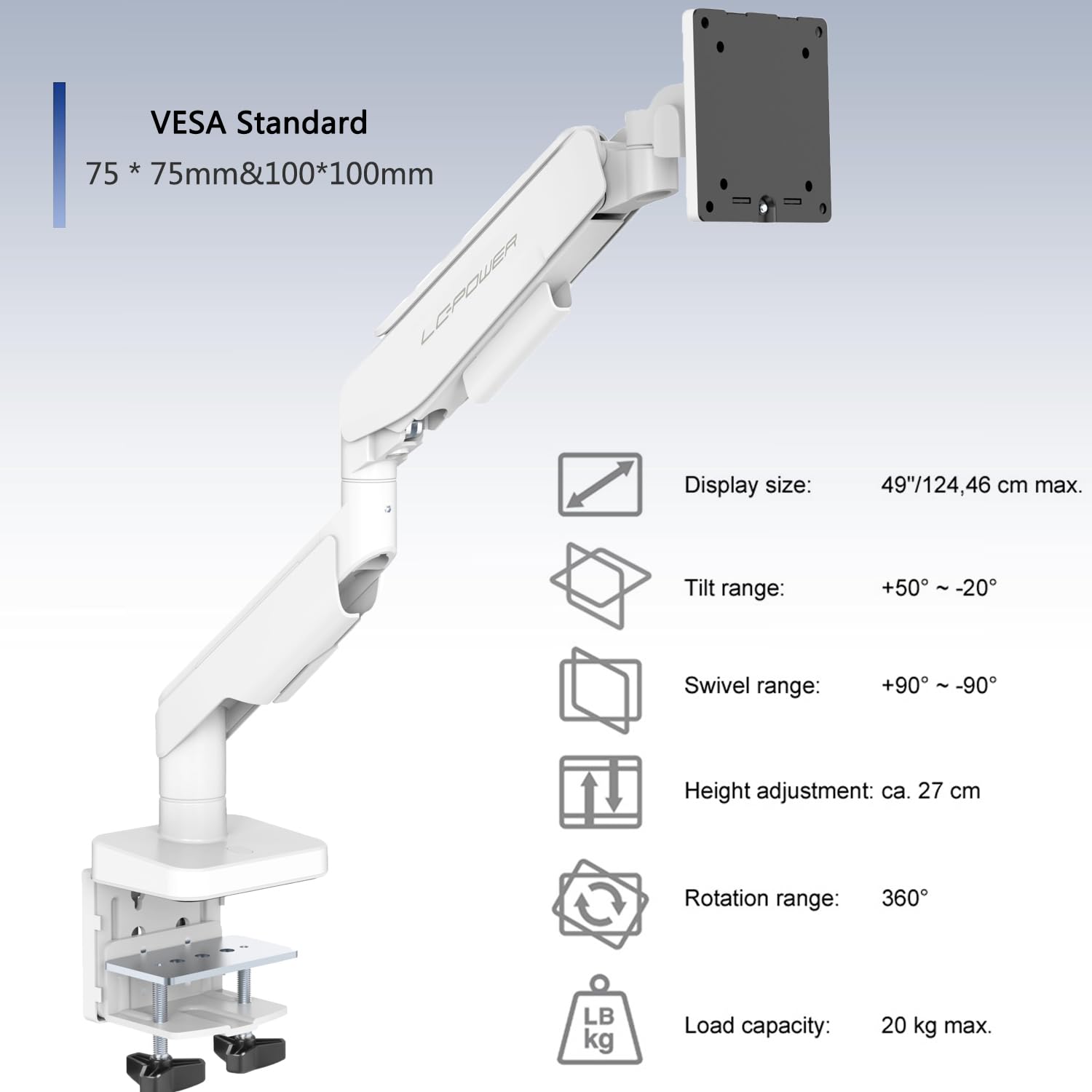 LC-POWER Supporto Monitor Scrivania per Schermi da 17-49 - Regolabile in Altezza e Angolazione - Estensione di 60 cm - Resistente e Versatile - VESA 75x75 mm, 100x100 mm