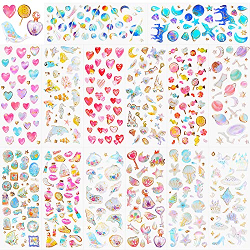 HOWAF 500+ Paillettes 3D Autocollants pour Enfant Filles Artisanat Bricolage Scrapbooking, Époxy Gonflé Gomettes Stickers, Arc-en-Ciel Licorne Coeur Planète Étoile Princesse Voir Animal Flamant