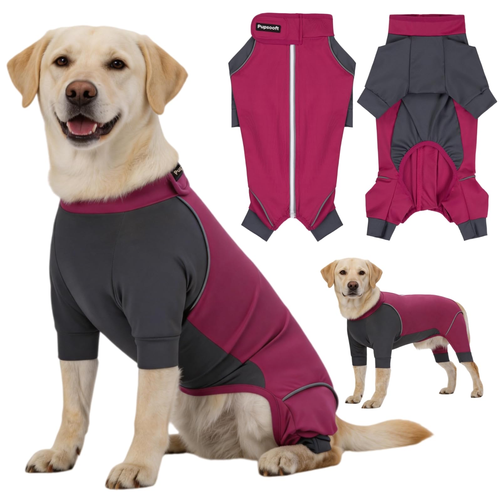 Outdoor Dog Body Suit, Water-Repellent & Dirt-Proof Dog Jumpsuit with Elastic Fit & Reflective Trims, Shedding Control, All-Weather Protection for Recovery Dogs Apparel (Berries, XXX-Large)