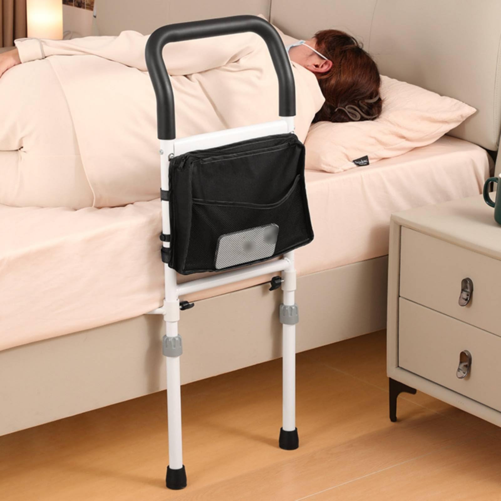 de Cama para Ancianos Asidero Protector Soporte con Bandeja y Luz Nocturna con Agarre Curvo Cómodo y Puntos de Apoyo, con Luz Y Mesa - Barandilla De Cama Elevable