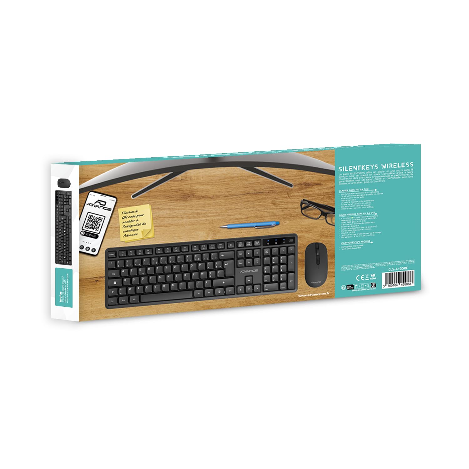 AD ADVANCE - SilentKeys, Pack Clavier Souris sans Fil Silencieux pour PC et Mac, Clavier AZERTY 105 Touches, 12 Raccourcis Multimédias, Hauteur Réglable, Souris 1600 DPI, Dongle USB, Noir