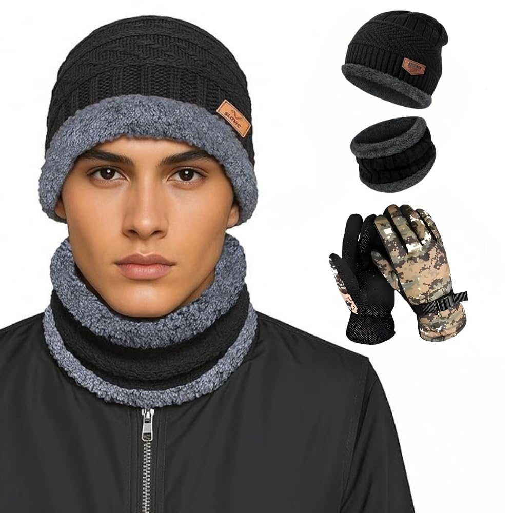K D Winter Wear 3-in-1 Cap Muffler Gloves Set for Adults | Woolen Beanie Cap, Mafler Scarf & Hand Gloves | Thermal, Fleece, Unisex (Cap-mafler Black - Glovess Army) Pack of 01-picture-56