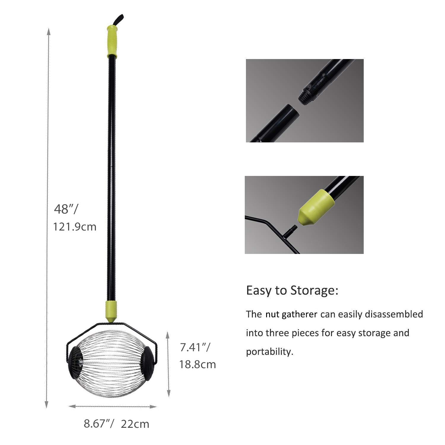 ORIENTOOLS Nut Gatherer, Garden Rolling Nut Harvester, Picks up Balls, Pecans, Crab Apples, Acorns, Hickory Nuts & Other Objects 3/4" to 1 1/2" in Size, 48 inches, Medium