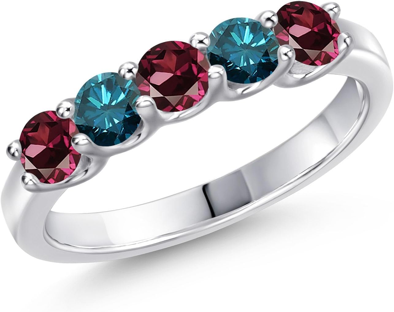 Gem Stone King 925 Sterling Silver Red Rhodolite Garnet and Blue Diamond Wedding-Bands Ring For Women | 0.96 Cttw | Round 3.5MM | Gemstone January Birthstone