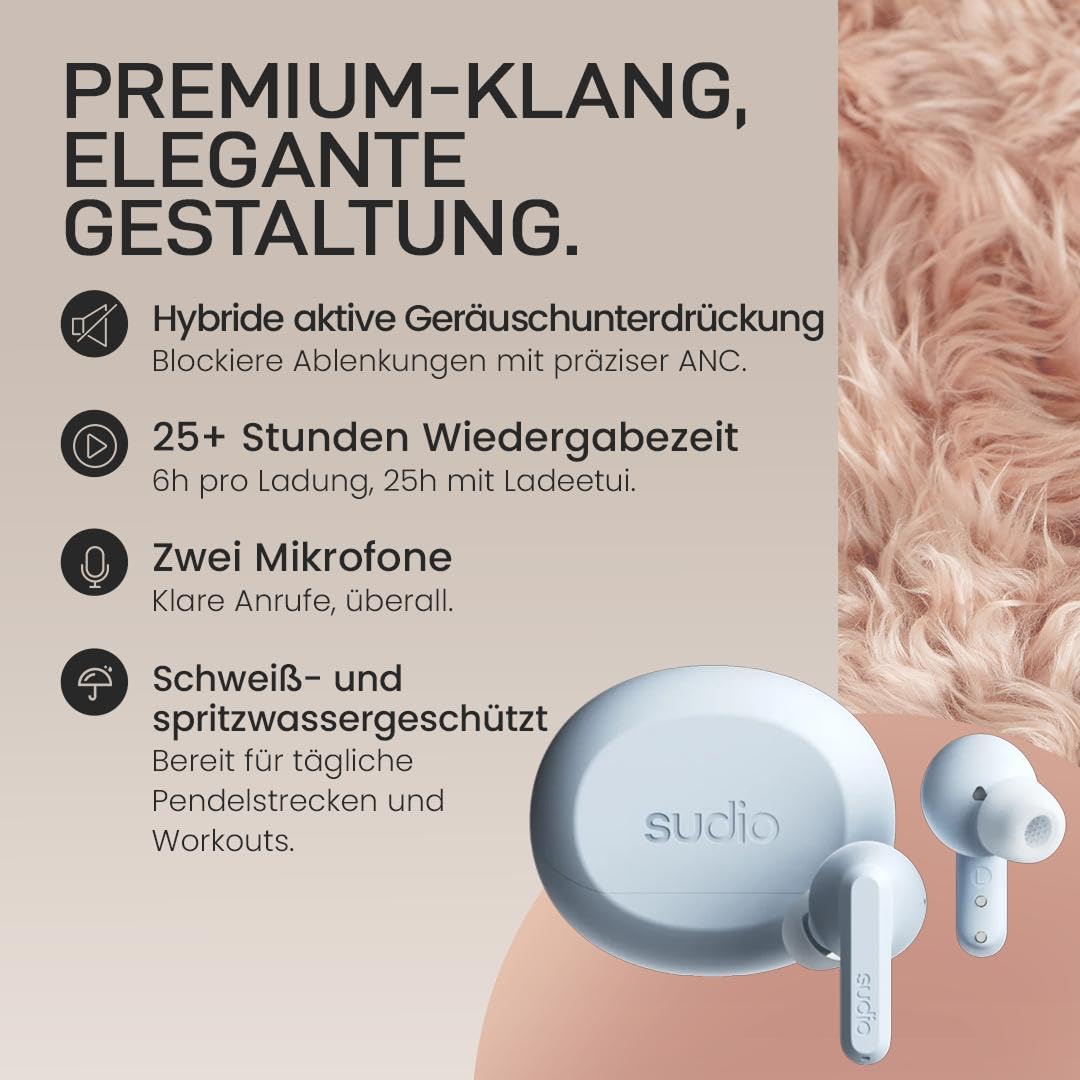 sudio A3 Pro True Wireless Kopfhörer Kabellos Bluetooth | Noise Cancelling In Ear Kopfhörer Bluetooth 5.4 | Aktive Geräuschunterdrückung | 25h Spielzeit | USB-C Ladecase | Blau
