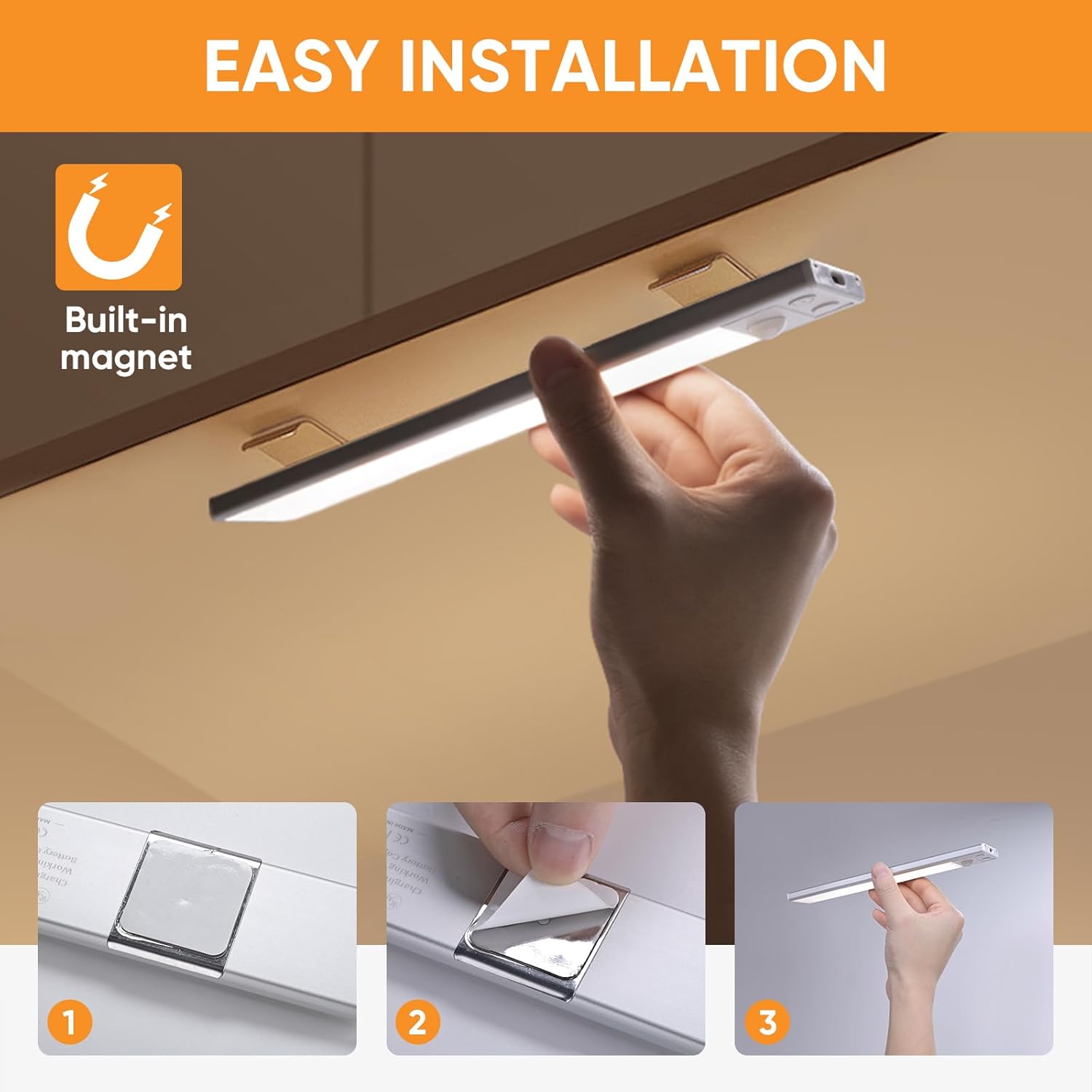Three steps showing easy installation of the ROMECH Under Cabinet Light using magnetic adhesive strips.