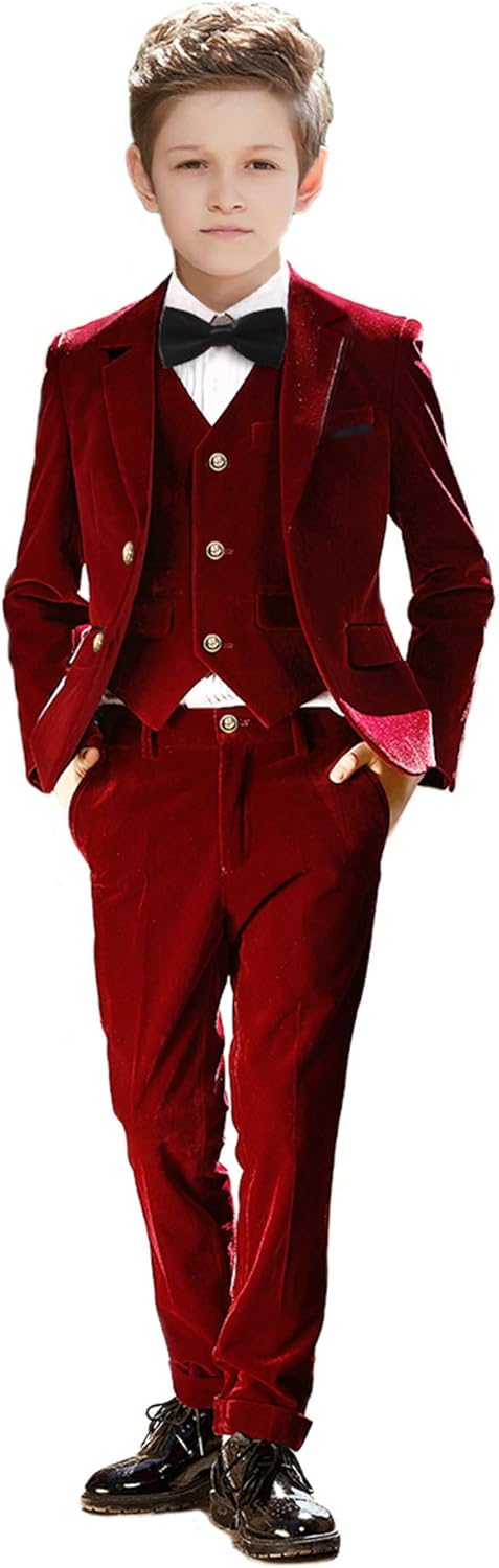 Boy Suits 5 Pieces Outfit Set Boys Velvet Suit Blazer Vest Pants Formal Tuxedo Slim Dresswear for Kids