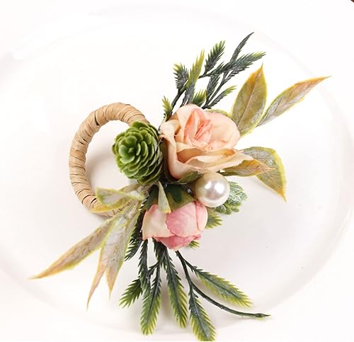 Miniatura 3 de 6pcs Christmas Pinecone Napkin Rings,Christmas Napkin Holders with Artificial Rose and Faux Pearl,Greenery Floral Napkin Rings for Banquet Table
