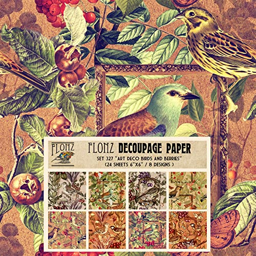 Flonz Decoupage Paper Pack (24 Sheets 6"x6") Art Deco Birds and Berries Vintage Styled Pattern Paper for Decoupage, Craft and Scrapbooking by Flonz - Used condition - US$9.47