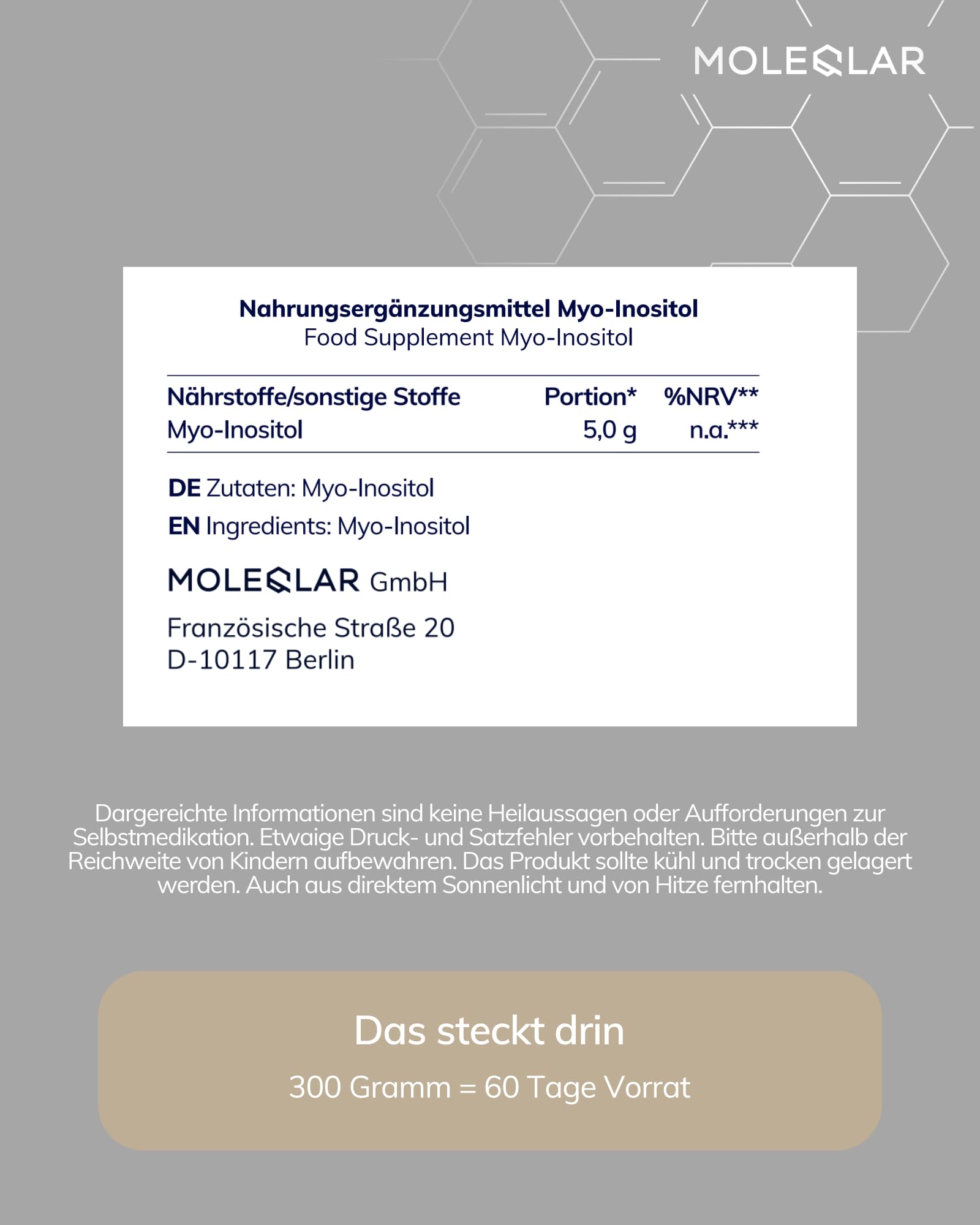 MoleQlar Myo-inositolo Polvere 300 grammi – Inositolo certificato e puro con contenuto di sostanza stabile – 5 grammi per porzione – Scorta per 60 giorni