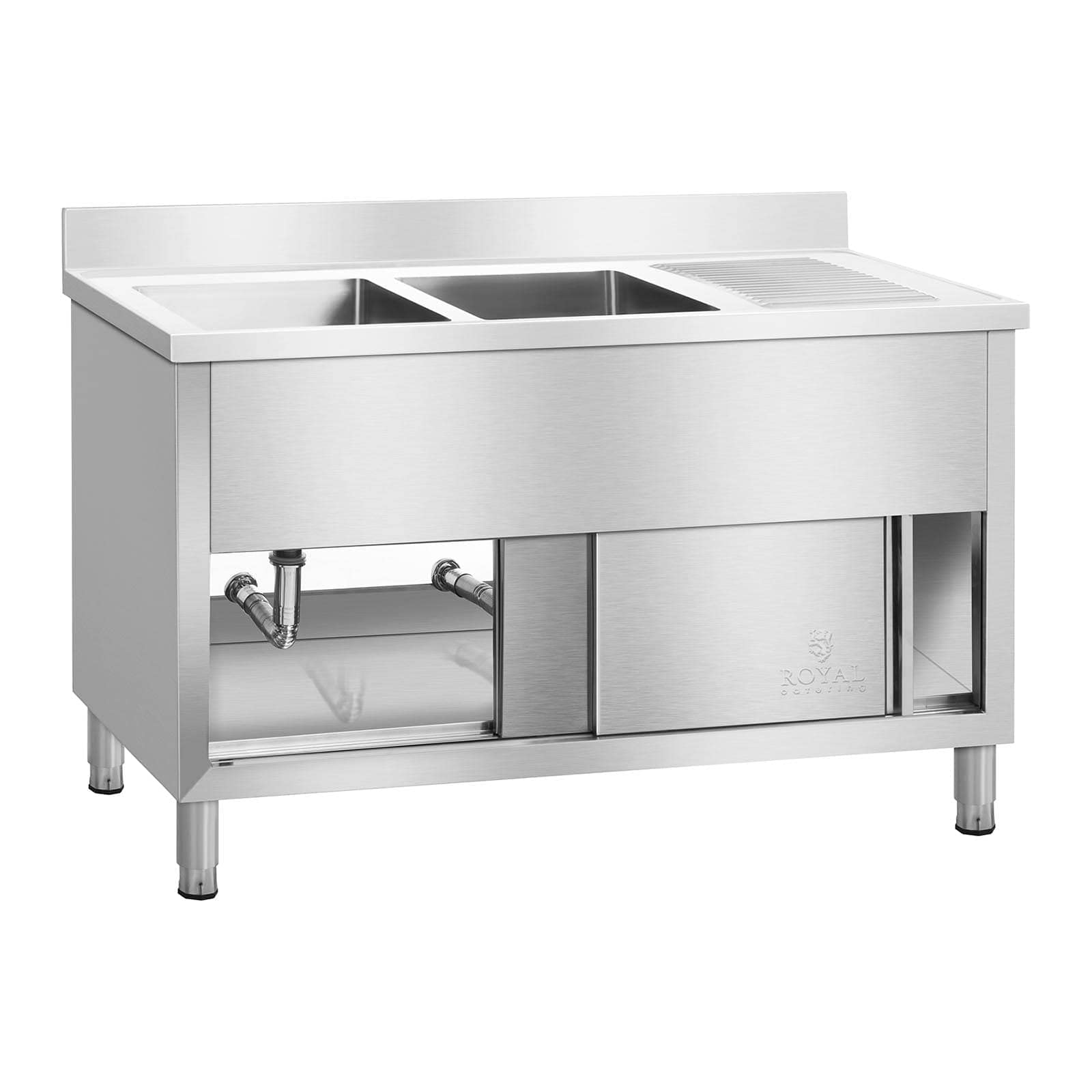 Royal Catering RCHS-1400WS Lavello Cucina Inox Lavello Armadiato Doppio Professionale (2 Vasche, Acciaio Inox, Porte Scorrevoli, 64x140x95,5 cm)