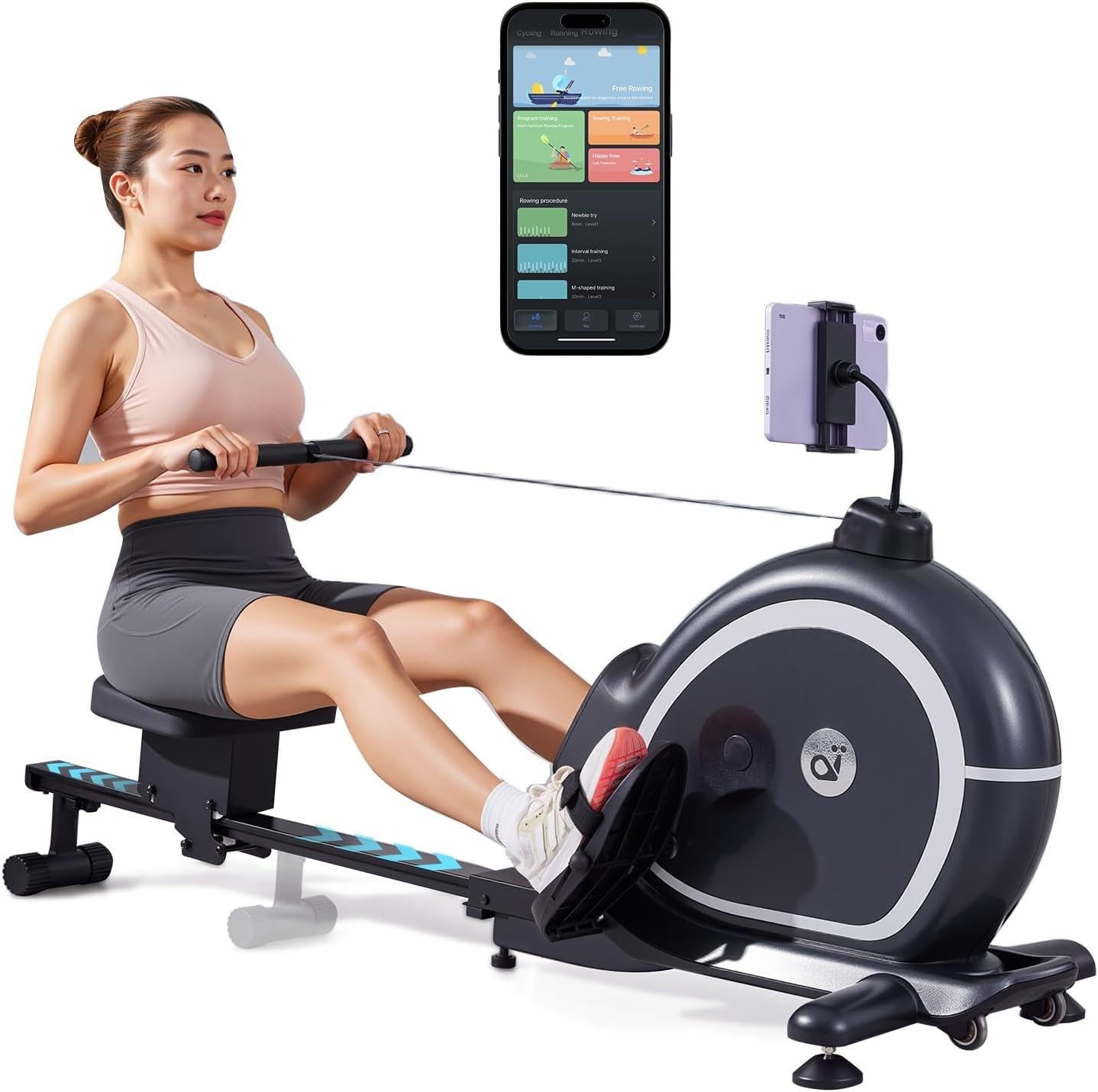 Magnetic Rowing Machine for Home, Compact Smart Rower with One-Touch Fold, 16 Levels Quiet Resistance, Bluetooth Heart Rate, 300LB Capacity, Self-Powered Design for Small Spaces