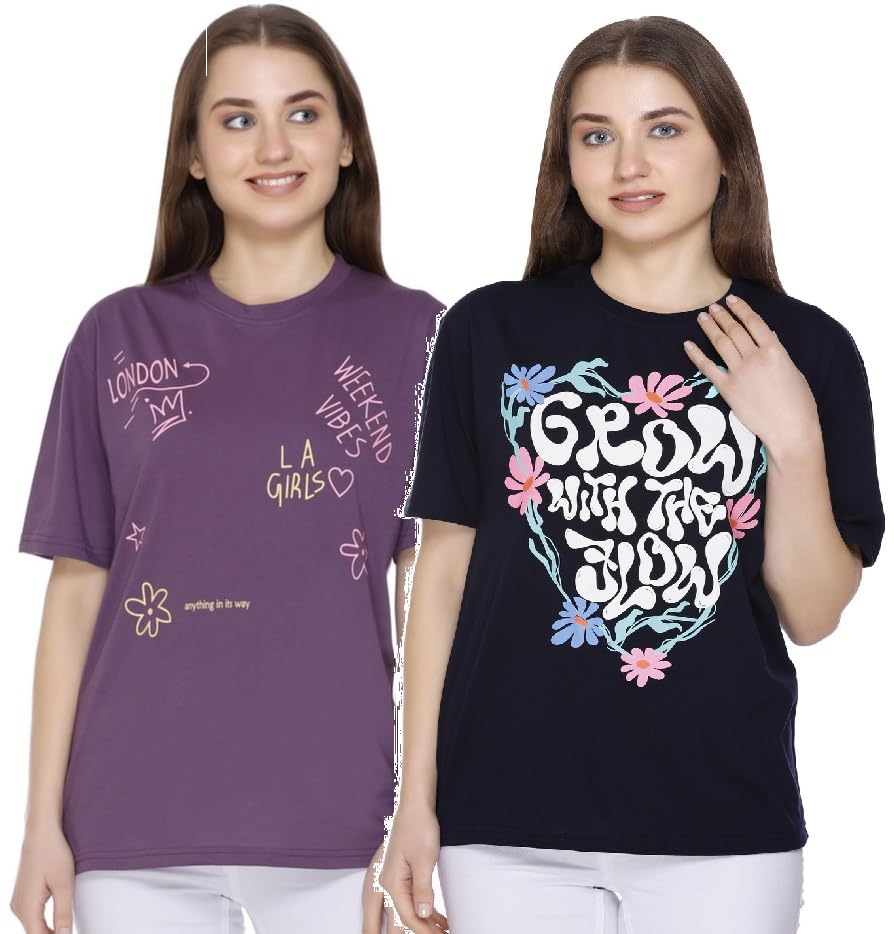 Image of Women Printed Drop-Shoulder Sleeves Oversized Pure Cotton T-Shirt (Combo of 2) |XS-XL Size