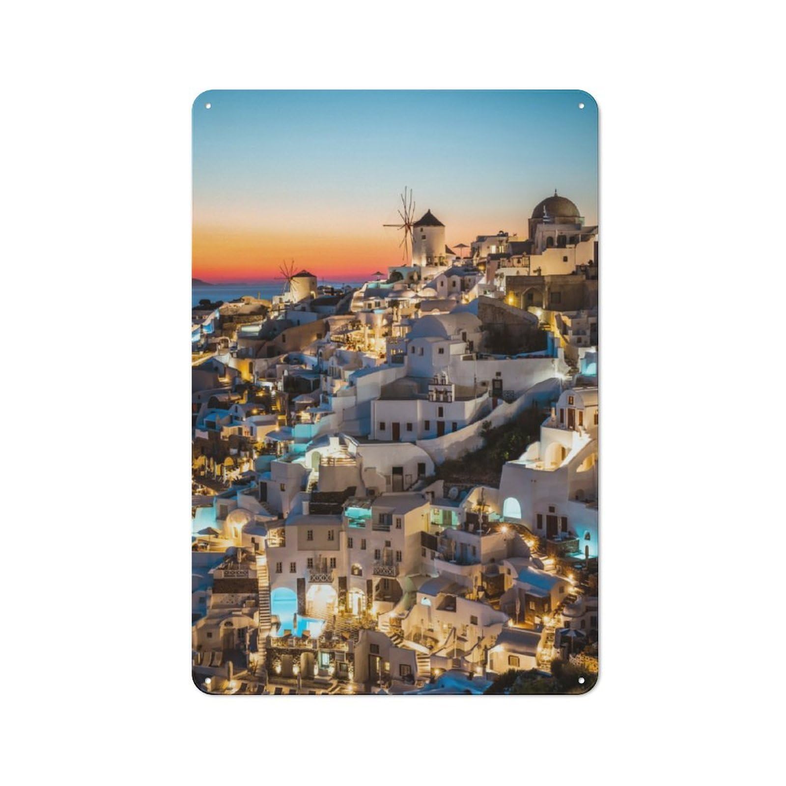 Junmoney Sunset In Oia Santorini Metal Wall Sign 30X20cm Featuring For Café Or Restaurant, For An Autumn Wall Display In Café And Restaurant