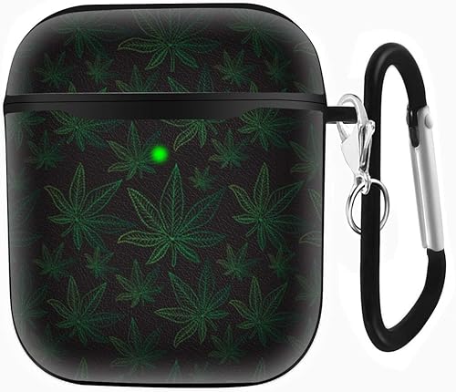 Miniatura 2 de Funda de carga compatible con AirPods de 1 y 2 generación, funda protectora de cuero suave a prueba de golpes (patrón de hojas de marihuana)