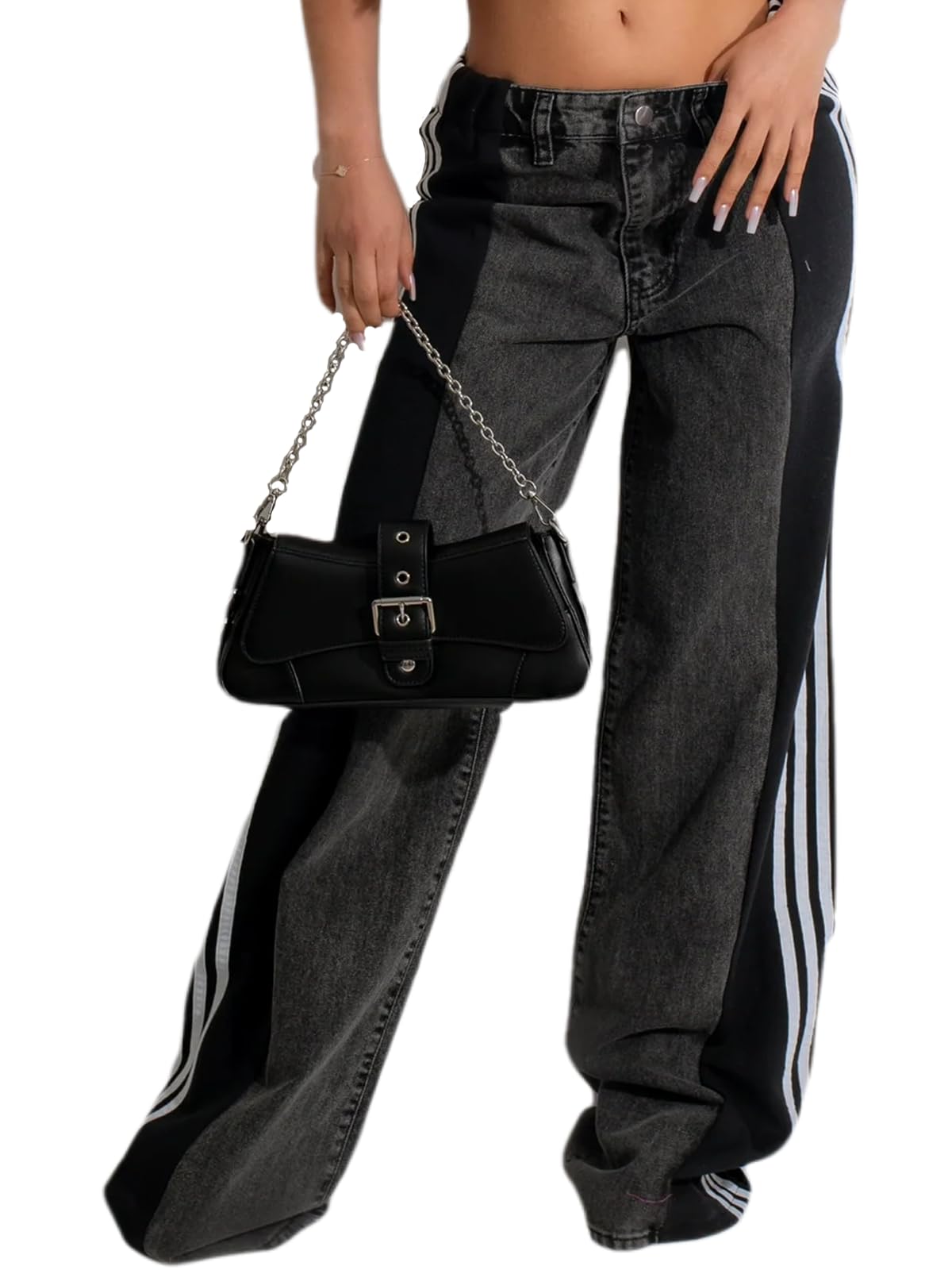 Women's High Waisted Wide Leg Jeans with Patchwork Side Stripes