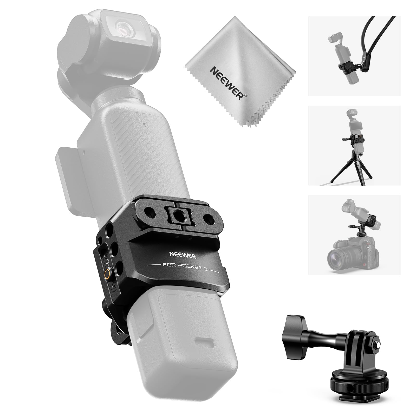 NEEWER Pocket 3 Cage Compatibile con DJI Osmo Pocket 3 e Creator Combo Accessori, Rig di Estensione per Riprese Video Gimbal con Adattatore Action Cam, Filettatura 1/4", ColdShoe, Panno Pulizia, AC009
