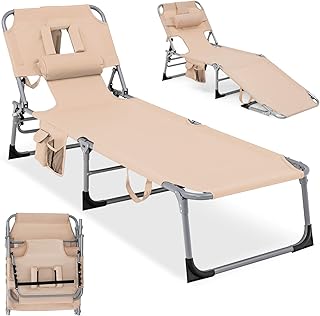 Costway Beach Chaise Lounge Chair, Patio Folding Reclining Chair, Portable & Lightweight Camping Bed or Cot w/ 5 Adjustabl...