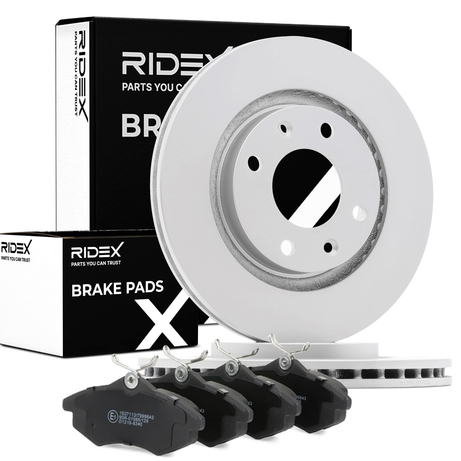 RIDEX 3405B1524 Juego para eje Kit de discos de freno y pastillas Delantero con muelle sin perno de sujeción de rueda con chapa antichirrido con tornillos Compatible con CITROËN C3 II SC