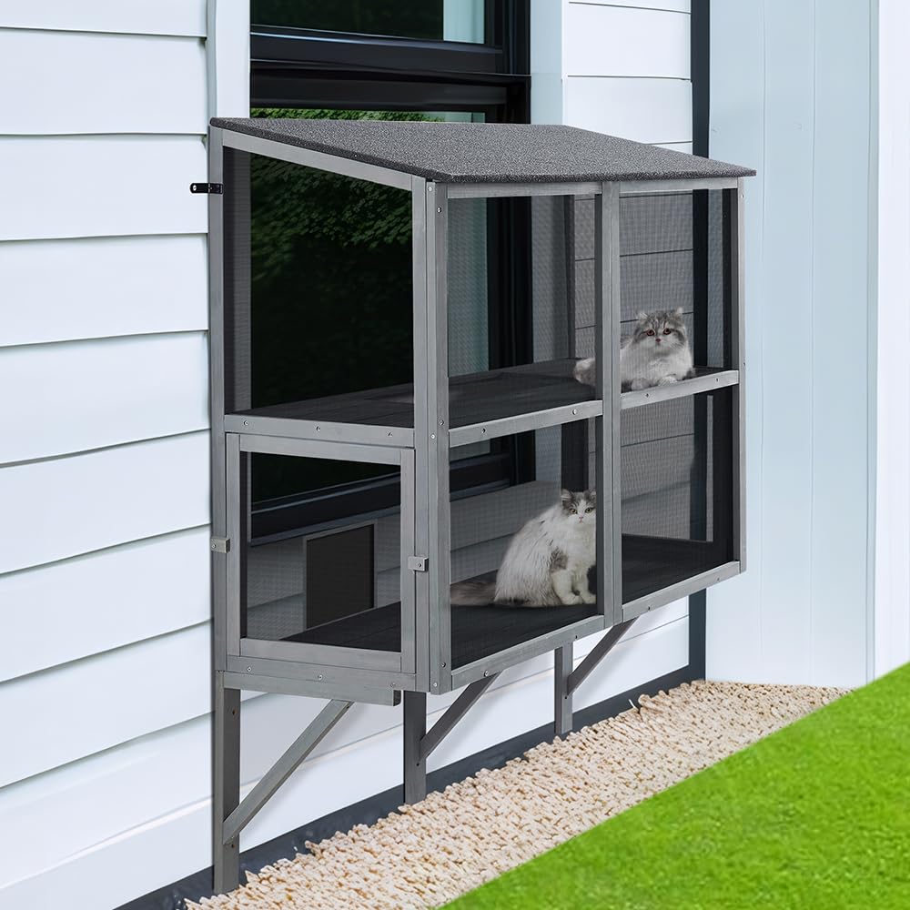 beeNbkks 2 Tiers Bug Proof Cat Catio, Window Cat House with Metal Mesh, Outdoor Enclosure for Indoor Pets, Expandable Wooden Perch, Safe Comfortable