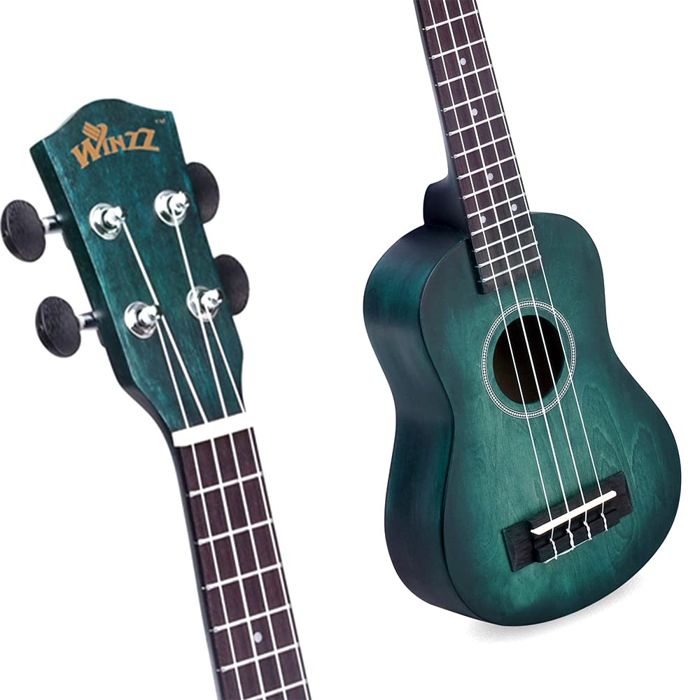 Winzz Ukulele Soprano Principianti Bambini Adulti 21 Pollici, Unico Blu-verde Ukulele Scuola Media Legno Kit 8 Accessori con: Adesivo per Tastiera, Carta degli Accordi