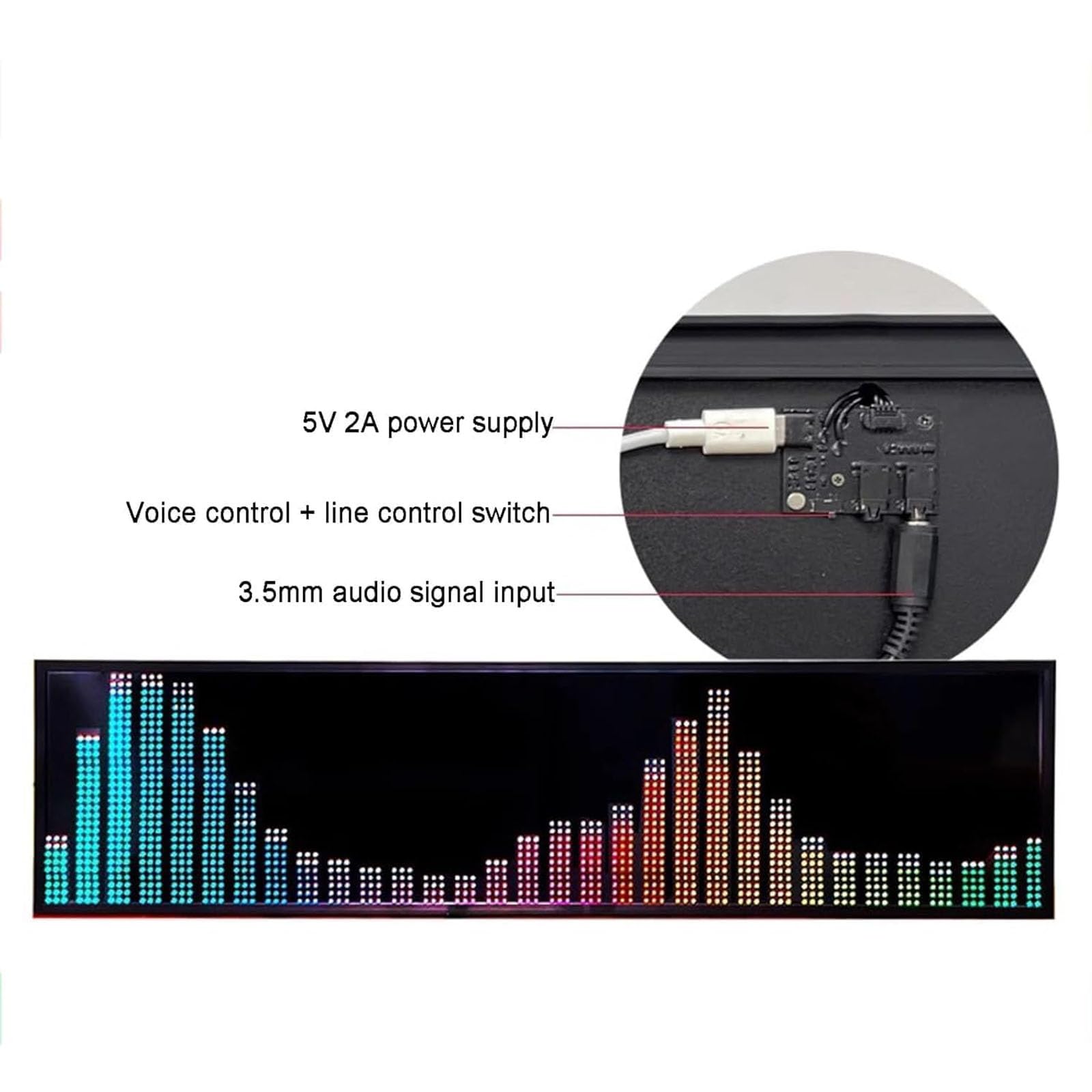 Analizador de espectro musical LED, pantalla de nivel de audio RGB con 36 estilos, reloj digital, control de voz y línea, 4 rangos de frecuencia para uso en coche y estudio