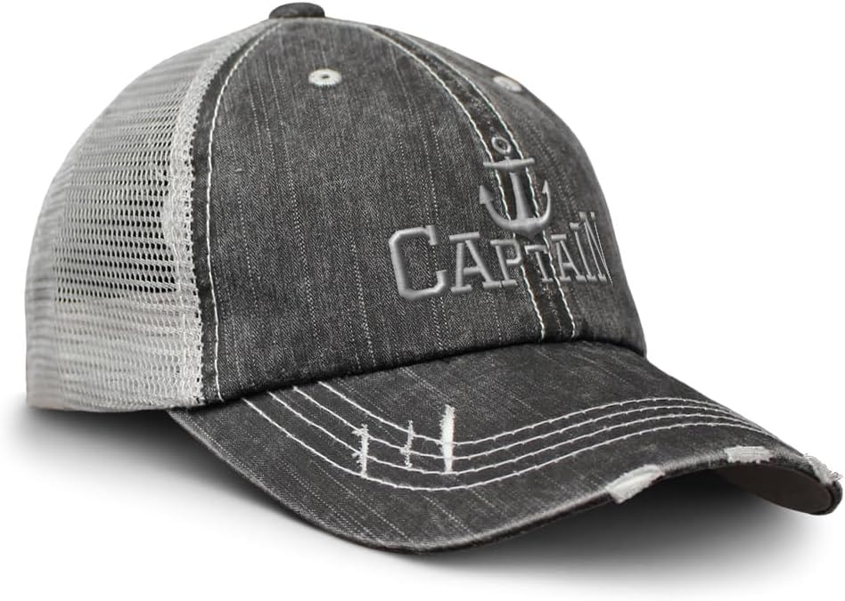 Distressed Trucker Hat Captain Boat B Embroidery for Men & Women Black Gray