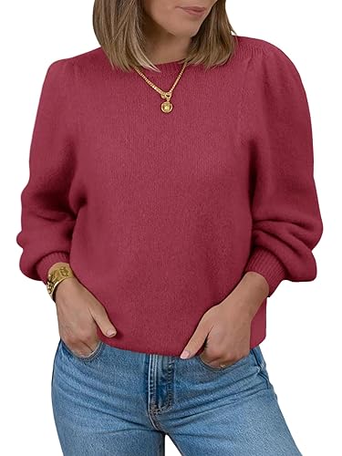 Saodimallsu Womens Puff Long Sleeve Sweaters Fall Crew Neck Cozy
