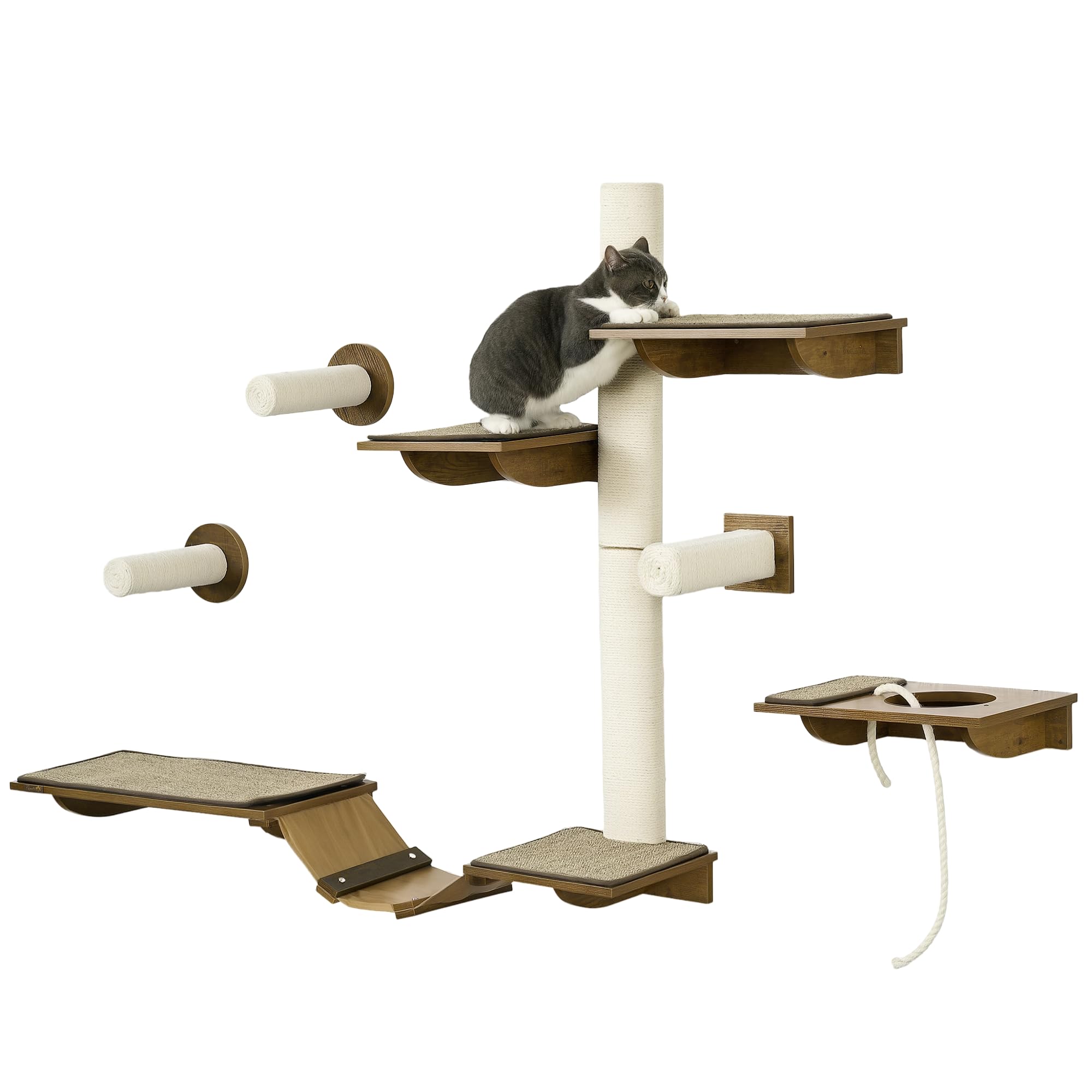 PawHut Kattenklimwandset, 8-delig kattenmeubel met krabpalen, zitstokken, krabplank, kattentrap, sisal, bruin PawHut Kattenklimwandset, 8-delig kattenmeubel met krabpalen, zitstokken, krabplank, kattentrap, sisal, bruin