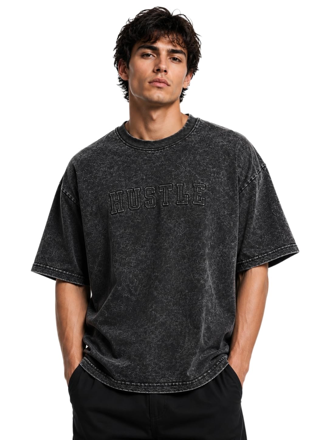 Men Oversized Acid Wash T Shirt | Embossed Hustle Typography Tee | Cotton Casual Streetwear Round Neck Half Sleeve Loose Fit Graphic Tshirt for Men-image-19