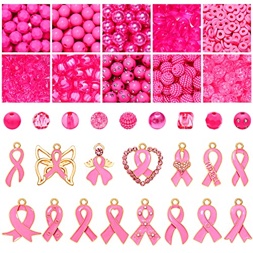 570PCS Breast Cancer Awareness Beads Charms for Jewelry Making Pink Ribbon Charms Clay Beads Acrylic Crystal Pink Beads for Bracelet Necklace Earrings Making DIY Crafts (570PCS Beads&Charms)