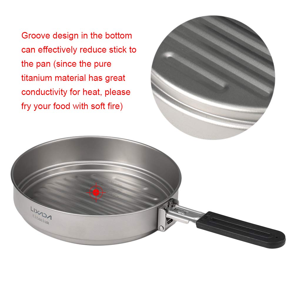 Lixada 1100ml Titanium Fry Pan Ultralight Grill Padella Antiaderente da Campeggio Pentole da Campeggio Backpacking Padella in Titanio con Maniglia Pieghevole, Outdoor Cooking Grill Padella