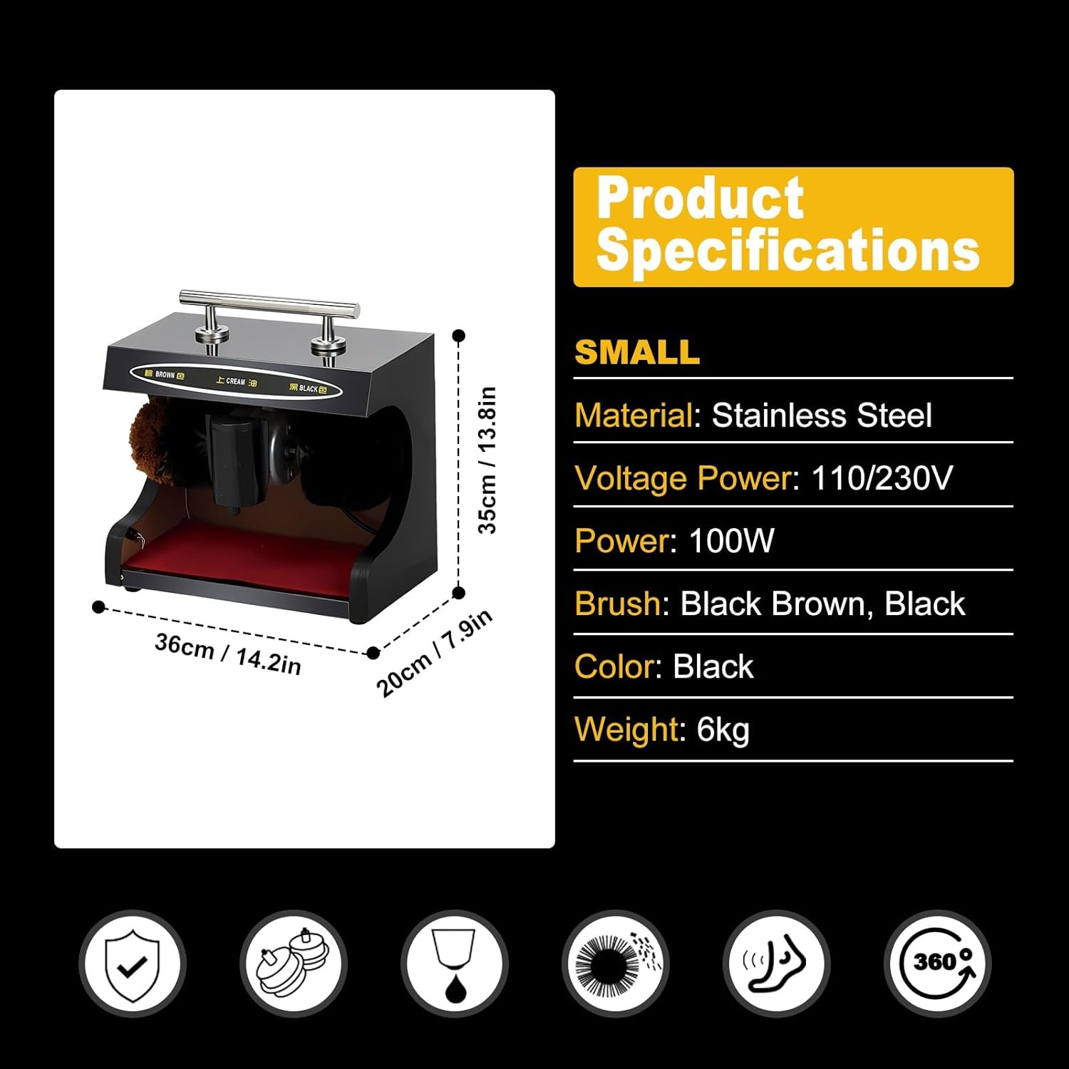 Automatic Shoe Polisher for Home and Commercial Use, Electric Shoe Shine Machine with Dual Brush for Leather Shoes, Boots, Hotel, Office, Airport,(Black,Small)