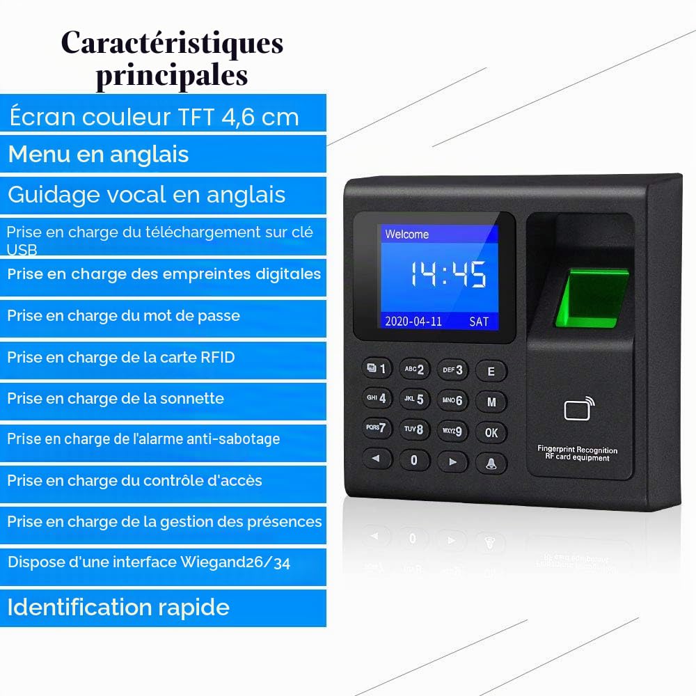 Clavier de contrôle d'accès compact carte RFID mot de passe machine de présence d'empreintes digitales enregistreur de temps équipement de connexion des employés adapté pour les usines, les