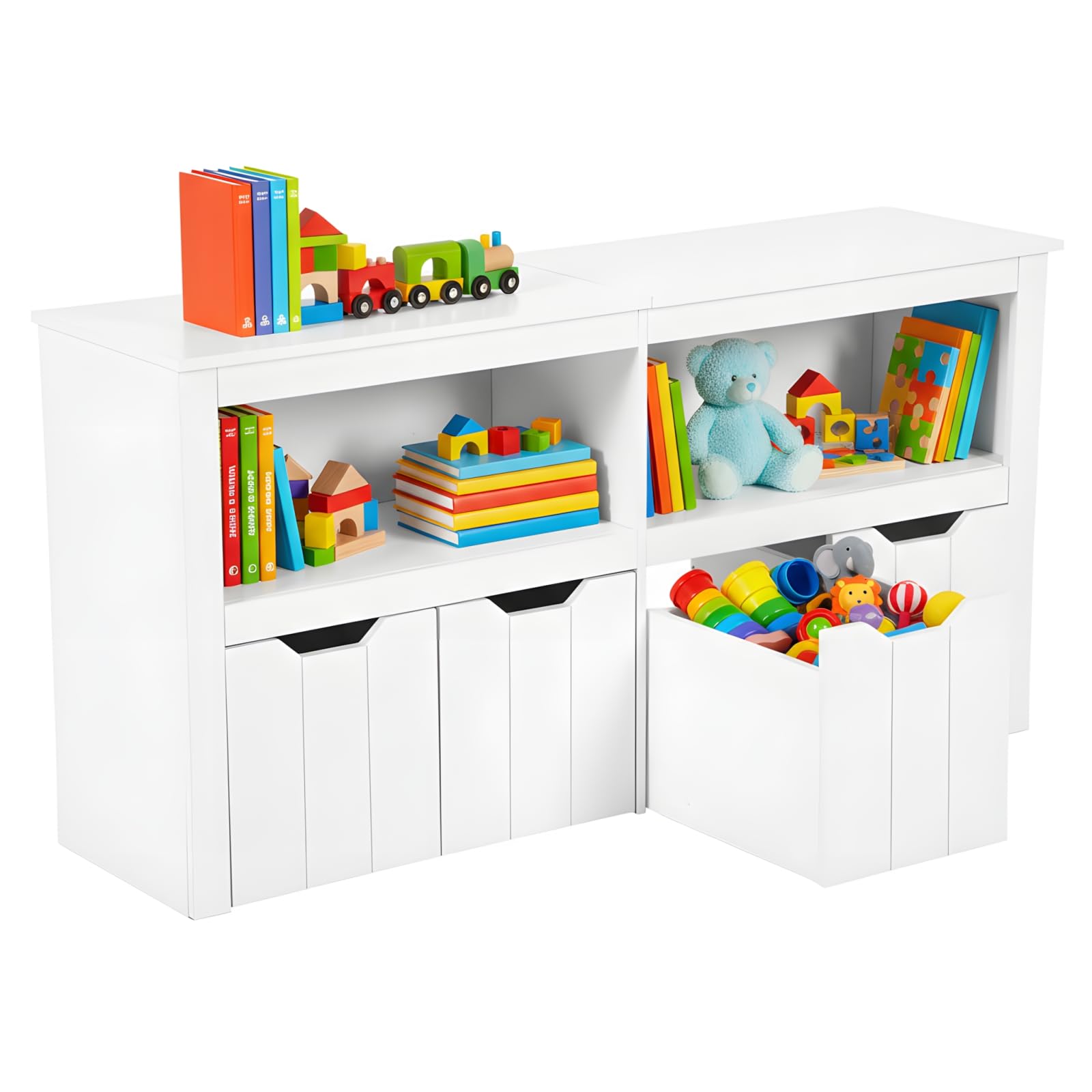 Meuble Rangement Enfant avec 2 Compartiments et 4 Tiroirs Roulants, Meuble de Rangement Jouets Enfant Bibliothèque pour Salon Chambre d’Enfant Salle de Jeu (Blanc, 120 x 33 x 61.5 cm)