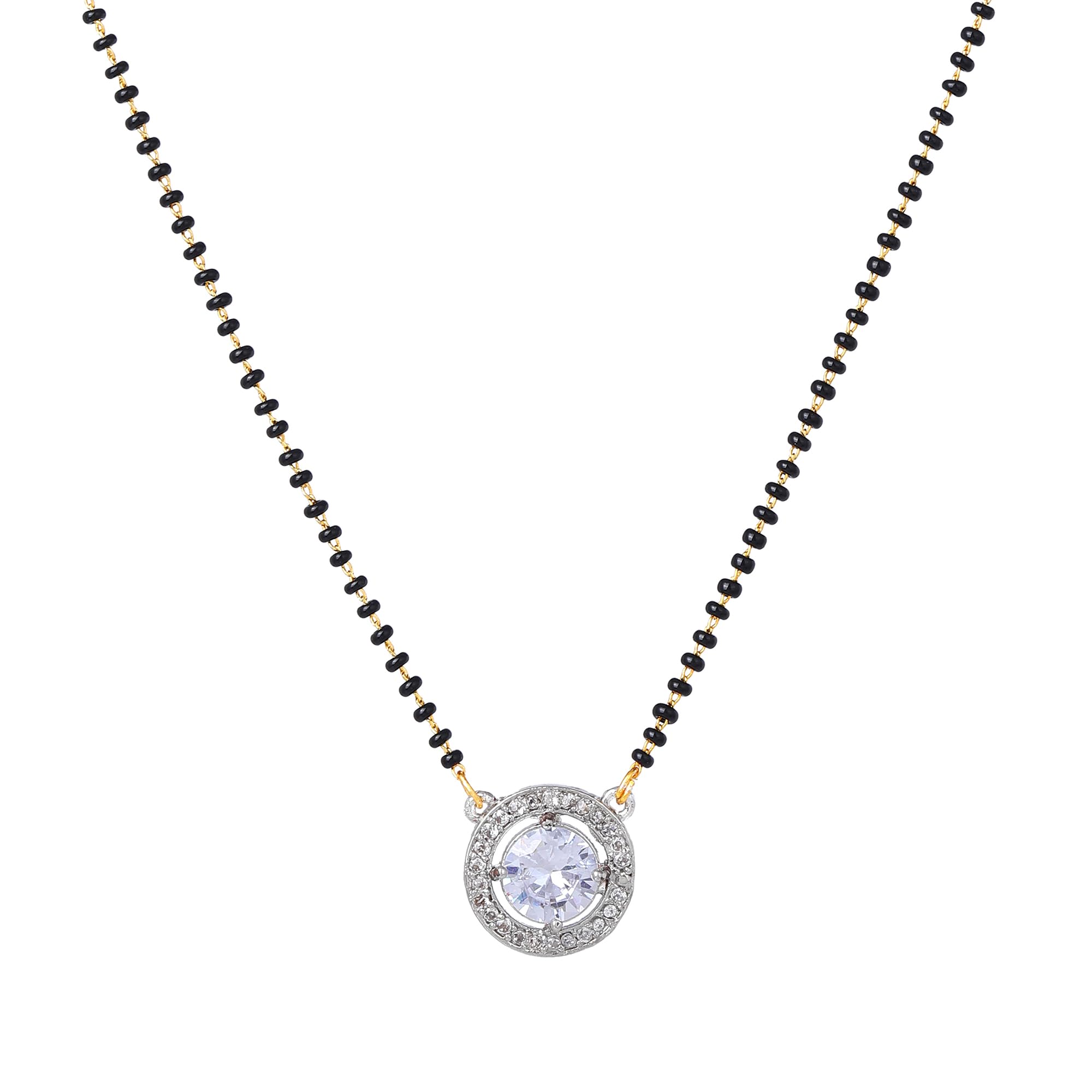 Gold & Rhodium Plated Timeless Circular Pendant Mangalsutra Chain with Black Beads & White Crystals for Women