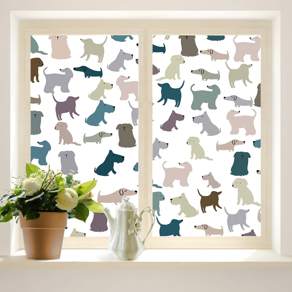 Coalho Cartoon Dogs Home Window Film Abstract Colorful Lovely Animals Dogs Theme Suitable For Living Room,Kitchen,Bathroom-45W"X60l"Cm X2pcs