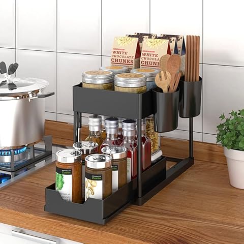 2 Tier Under Sink Storage Kitchen Organiser, Under Cabinet Slide Out Storage Drawer Rack, Multi-Purpose Under Sink Storage Rack for Kitchen Bathroom Shelf Basket with 4 Hooks and 2 Hanging Cups Cover