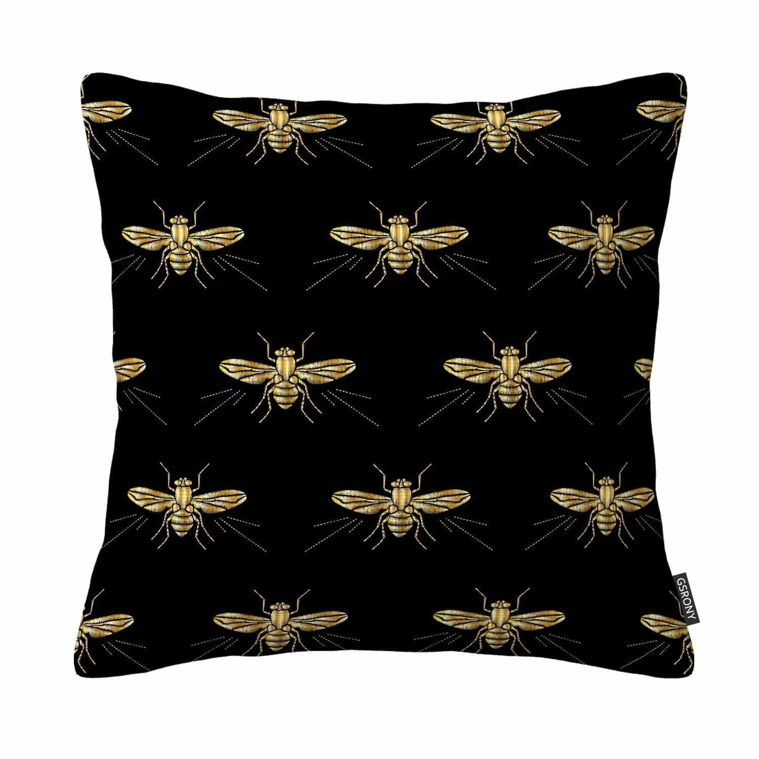 Gsrony Teal Bee Throw Pillow Covers Gold Fly Bee On Black Insect Cushion Pillow Case Home Decor Pillowcase 18X18 Inches