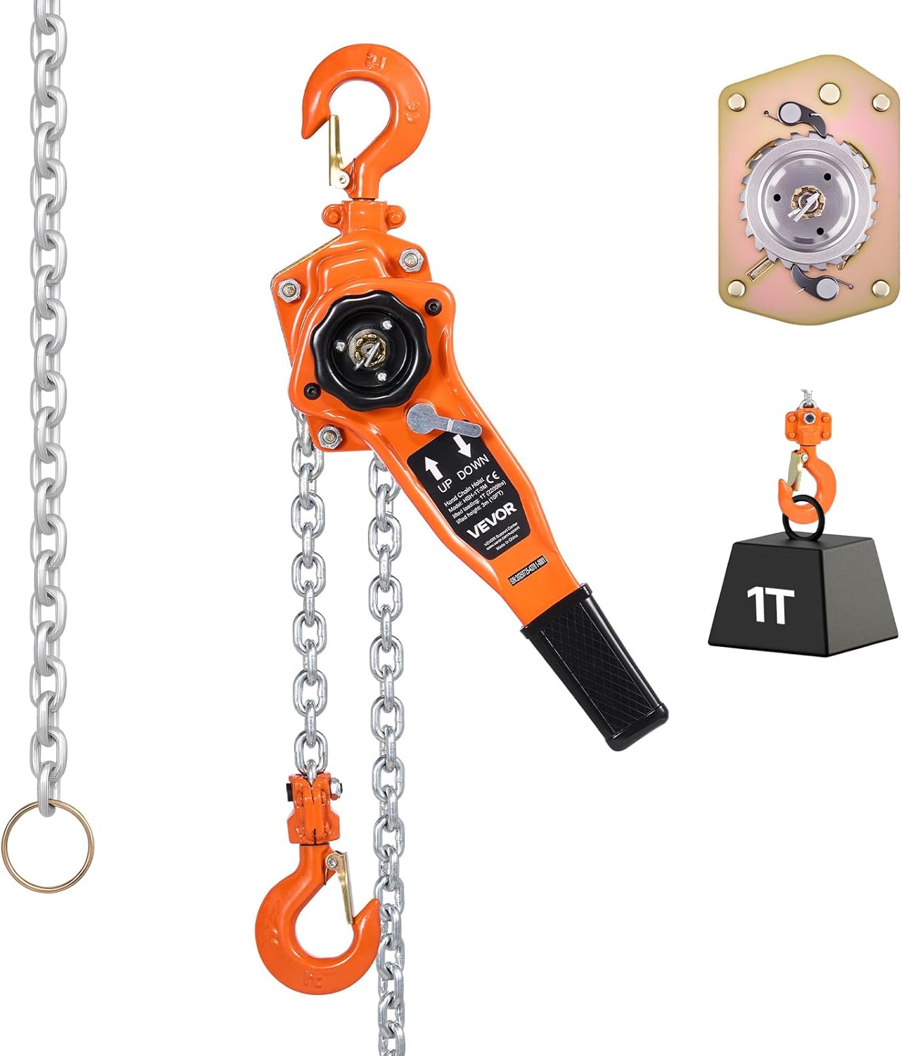 VEVOR Manual Lever Chain Hoist, 1T 2200LBS Capacity Heavy Duty Come Along, 10FT Lift G80 Alloy Steel Chain with Dual Pawl Mechanical Brake,360°Rotating Hooks, for Warehouse Construction Garage
