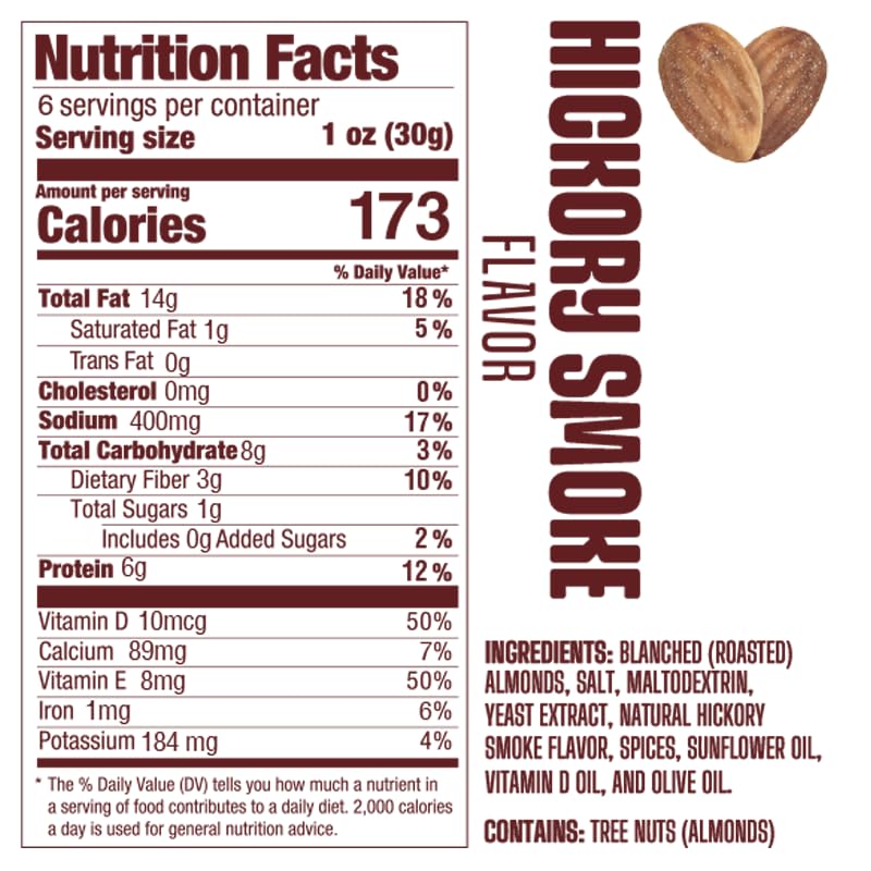 Image of AlmondRx | Heart Healthy Skinless Lightly Salted California Almond Snack Packs | Fortified with Vitamin D | Plant Protein | Keto | Vegan | No Sugar Added (6 Ounce (Pack of 1), Hickory Smoke)