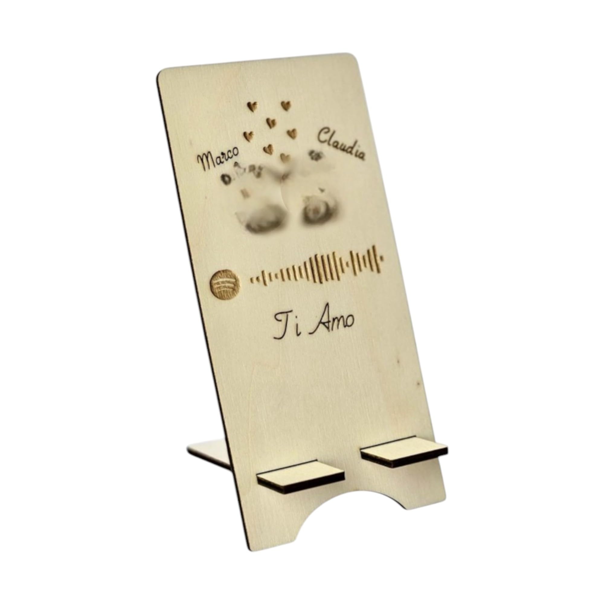 Mangàri Store - Soporte de Teléfono de Madera Personalizado, Diseño con Código QR de Spotify, Mensaje Ti Amo y Grabado de Corazones