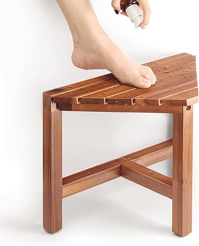 HOLANA Banco de ducha esquinero de madera, taburete de ducha esquinero, asiento de esquina para afeitado de ducha, escalón de baño para espacios