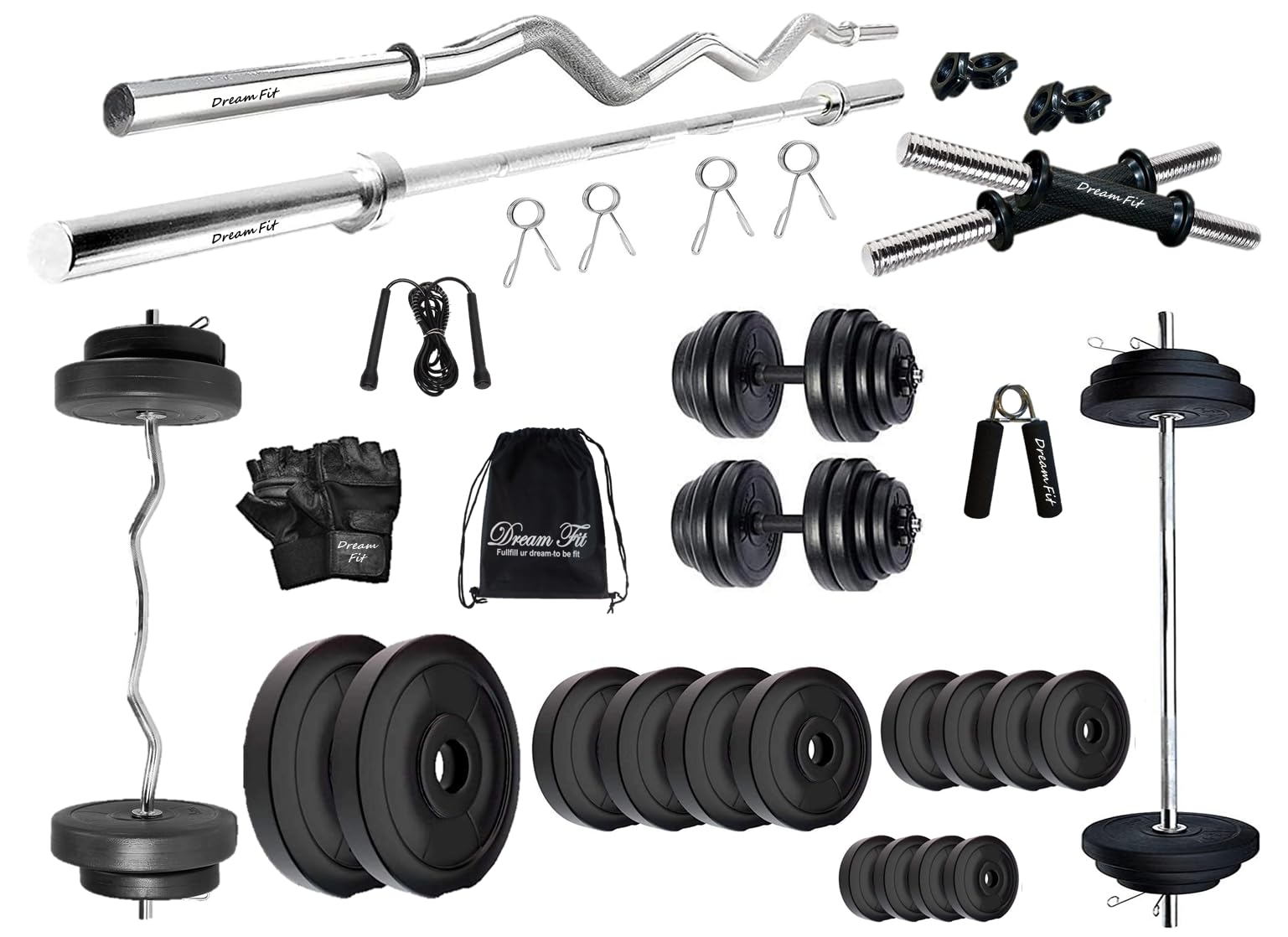 DREAM FIT PVC Home Gym Set - 60 kg with 3 ft Curling Rod, 3 ft Straight Rod, 1 Pair Dumbbell rods and Gym Accessories (60kg Home Gym System)-image-31